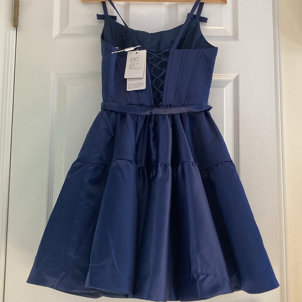 NWT Stacees A-line Scoop Neck Sleeveless Short/Mini Satin Dress Dark Navy Size 4 - Picture 5 of 10